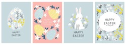 Happy Easter vector card. Hand-drawn design of Spring greeting card. Vertical card with egg, spring flowers.