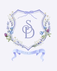 Painted wedding monogram SD initial. Watercolor crest levender flower frame Hand drawn template.