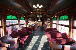 Close up of Interior of luxury vintage old train carriage in Strasburg, Lancaster County, Pennsylvania. 