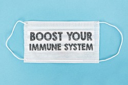 Medical face mask with Boost your Immune System text on a blue background.