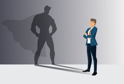 Businessman with his shadow of superhero on the wall. Concept of powerful man. vector, illustration