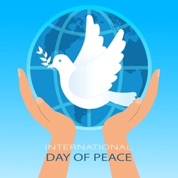 Flat International Day of Peace.  illustration with hands holding the world with pigeon, globe, blue sky. International Day of Peace design. vector, illustration