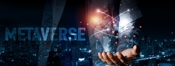 Metaverse and Global Technology Business Banner background with Man's hands holding earth planet and Double exposure of the city