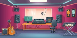 Music studio control room and singer booth behind glass. Vector cartoon interior with sound recording tools, guitar and synthesizer, audio mixer and microphone. Professional music workstation