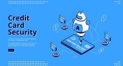 Credit card security banner. Protection mobile payment concept. Vector landing page of safety electronic finance with isometric icon of virtual banking card on smartphone screen and assistant chatbot