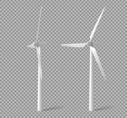 Wind turbines, windmills energy power generators front and side view. White towers with long vanes for producing alternative eco energy isolated on transparent background. Realistic 3d vector mock up