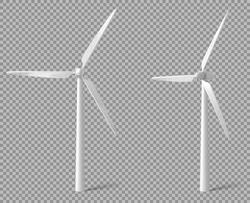 Wind turbine front and angle view. Alternative renewable power generation, green energy concept. Vector realistic mockup of windmill with white vanes isolated on transparent background