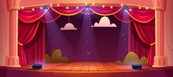 Theater stage with red curtains and spotlights. Vector cartoon illustration of theatre interior with empty wooden scene, luxury velvet drapes and decoration with clouds and bushes