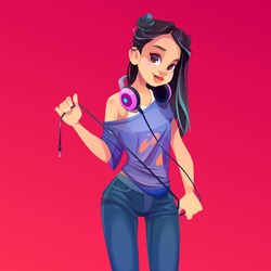 Dj girl in headphones, modern clothes and trendy hairstyle holding wire. Young woman disc jockey party maker in teenager t-shirt and jeance isolated on red background. Cartoon vector illustration