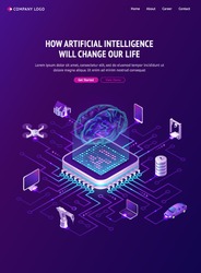 Artificial intelligence banner. Concept of innovation technologies in life. Vector isometric illustration of network, circuit connection of chip with hologram brain and computer, house and car