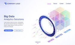 Big data analytics solutions isometric landing page, information technology concept, info blocks flow through luminous circle, datum traffic analysis, server room with connections 3d vector web banner