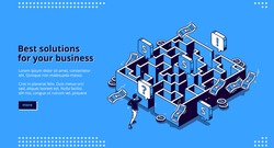 Best business solutions isometric landing page, businessman looking for way to reach goal through maze, employee try to pass labyrinth, challenge overcoming aim achieving 3d vector line art web banner