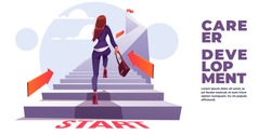 Career development banner. Concept of self build career, personal growth, professional progress. Vector landing page with cartoon illustration of business woman run up stair to top