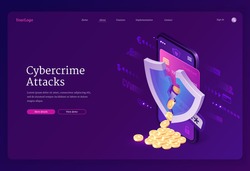 Cybercrime attack isometric landing page. Smartphone screen with cracked shield and coins scatter from bank card, theft of account personal data in internet, hacking cyber crime, 3d vector web banner