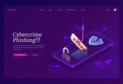 Phishing cybercrime isometric landing page. Fishing hook catch account password from smartphone screen. Scammer or fraud theft personal data in internet, hacking cyber crime, 3d vector web banner
