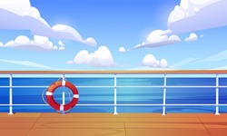 Seascape view from cruise ship deck. Ocean landscape with calm water surface and clouds in blue sky. Vector cartoon illustration of wooden boat deck or quay with railing and lifebuoy