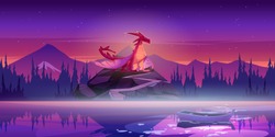 Red dragon on rock with road after sunset. Vector cartoon landscape with mountains, forest and lake with boat. Fantasy illustration with magic beast with wings on cliff at night