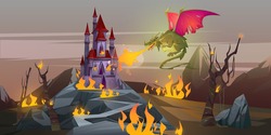 Fairy tale fire breathing dragon attacks magic castle in mountain valley. Vector cartoon fantasy illustration with scary green monster with red wings, burning land, medieval palace and trees