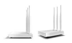 Wifi router, wireless broadband modem with antennas isolated on white background. Vector realistic mockup of Ethernet router for speed network connection and Internet access