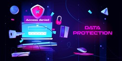 Personal data protection cartoon landing page. Internet social networks media cyber privacy, protect confidential information. Laptop screen with key, lock, login and password form, Vector web banner