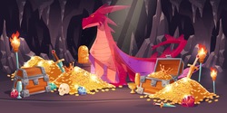 Cave with red dragon and treasure, piles of gold coins, jewelry and gem. Vector cartoon illustration of fairytale treasury with wooden chests, gemstones and magic beast with wings