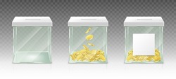 Glass money box for tips, savings or donations isolated on transparent background. Vector realistic set of 3d clear acrylic jar with gold coins and white blank label for pension fund, charity donate