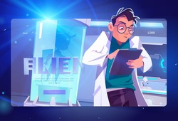 Alien in cryonics capsule cartoon landing page. Futuristic investigation, scientist writing notes in laboratory. Science research test with extraterrestrial humanoid, secret project, Vector web banner