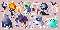 Halloween stickers with monsters, bats, candies