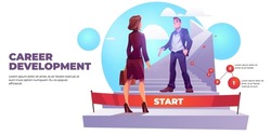 Career development poster with girl worker and ladder to professional success. Vector banner with cartoon illustration of businessman greets woman employee at start