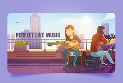 Perfect live music cartoon landing page. Singer woman playing guitar on building roof. Girl artist sit on dynamics singing song, man playing synthesizer accompany musical performance Vector web banner