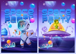 Space party cartoon banners with cute kid astronaut and alien in ufo saucer on fantasy planet landscape with sweets and candies around. Birthday celebration invitation, cosmic themed vector posters