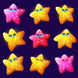 Cute star emoji, gold shiny faces with different emotions isolated on blue background. Vector cartoon set of funny star character with happy smile, excited, angry, arrogant, confused and in love