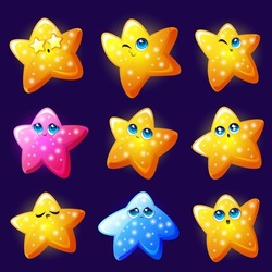 Cute star emoji, gold shiny emoticons isolated on blue background. Vector cartoon set of funny star character with happy smile, sad, excited, sleepy and confused