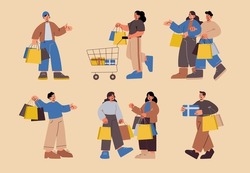 Sale and shopping people set, isolated customers male and female characters carry bags, buyers buying purchases and gifts in store, riding trolley in supermarket, Flat vector line art illustration