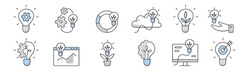 Idea icons, doodle business signs light bulbs with cogwheel, chart, sprout, lightbulb with brain, cloud, target with arrow, human hand holding glowing lamp. Power, task solution Line art vector set