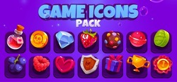 Game icons pack with potion, gold cup, heart, berries, candies and shield. Vector cartoon set of mobile game symbols, golden coin, strawberry, lollipop, gem and award badge