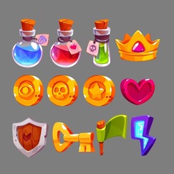 Game icons with potions, gold crown, heart, lightning, coins and key. Vector cartoon set of symbols for mobile game gui, flag, wooden shield and money isolated on gray background