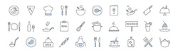 Set of food cooking and chef restaurant doodle icons. Apron, kebab, reserved or open banners, cake, teapot, fork with knife, cutting board, dish, fish on plate, pizza menu elements Linear vector signs