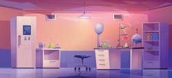 Chemical lab for science research, experiments and medical tests. Vector cartoon illustration of laboratory room with microscope, flasks and tubes on table, refrigerator and cupboard