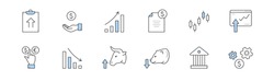 Stock market doodle icons, isolated vector set of linear signs. Finger choose dollar or euro currency, decline chart, bull bear head, bank building, briefcase, growing arrow graph, cogwheels