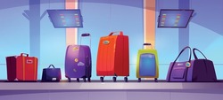 Airport terminal with luggage on conveyor belt and timetable displays. Vector cartoon illustration of baggage roller band with bags and suitcases in airport arrival area