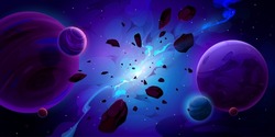 Fantasy outer space background with alien planets, stars and explosion with smoke and flying stones. Vector cartoon illustration of galaxy with fantastic nebula