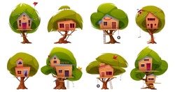 Wooden tree houses with ladder and swing for children. Treehouses for summer park, garden, backyard or kids playground isolated on white background, vector cartoon set