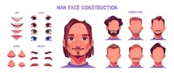 Man face constructor, cartoon caucasian male character avatar creation kit. Collection of heads, hairstyle, nose, eyes with eyebrows and lips. Isolated facial elements for construction, Vector set