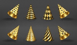 Party hats, birthday gold and black colored caps with stripes, polka dots, stars, waves, spiral, hearts, scales or harlequin rhombus pattern. Carton cones for celebration Realistic 3d vector icons set
