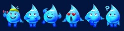 Set of water drop mascots with different emotions. Vector cartoon illustration of cute aqua droplets execising with dumbbell, smiling, laughing, jumping, in love, scared, thinking with question mark