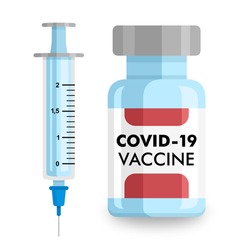 Covid-19 vaccine. Medical flask and syringe. Flat vector illustration.