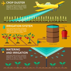 Automatic Sprinklers Watering. Agriculture, low flying yellow crop duster spraying agricultural chemicals pesticide a farm field.  Watering irrigation system. Vector Illustration.