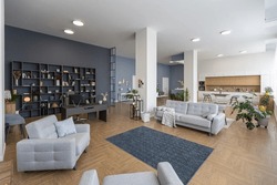 minimalist modern interior design huge bright apartment with an open plan in Scandinavian style in white, blue and dark blue colors with columns in the center. includes kitchen area, office and lounge