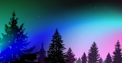 Silhouette of coniferous trees on the background of colorful sky.  Night. Northern lights. Blue, pink and turquoise tones.